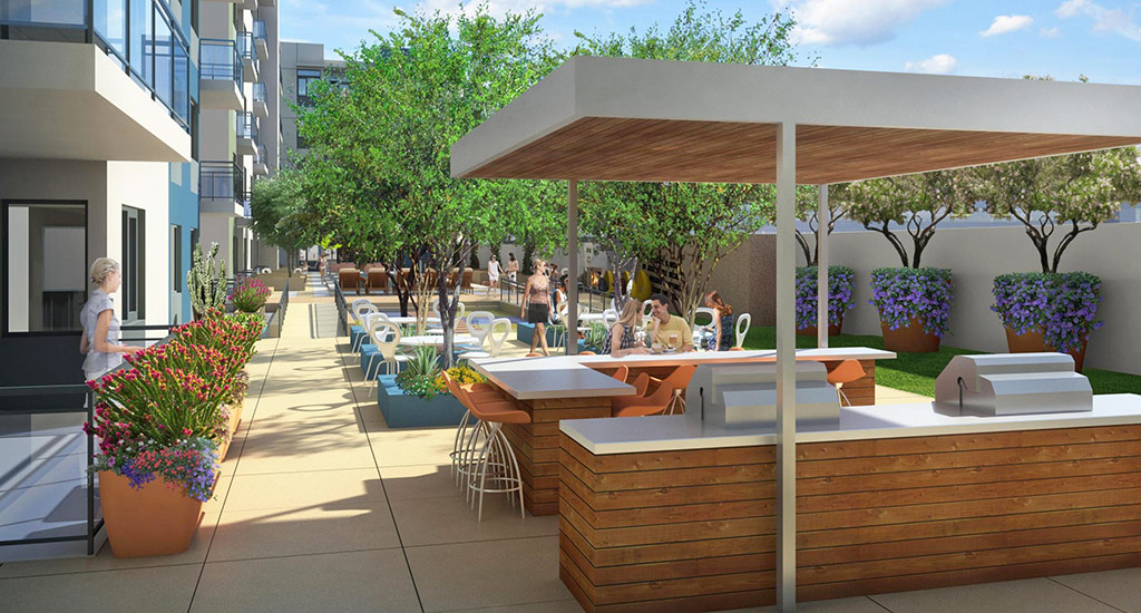 Rendering of the BBQ grills at community pool of Edison Midtown community in Phoenix