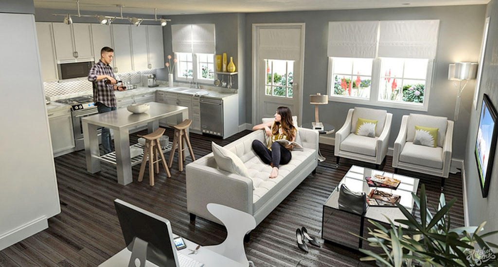 Interior rendering of family room and kitchen at Edgemont 12 in Phoenix, AZ