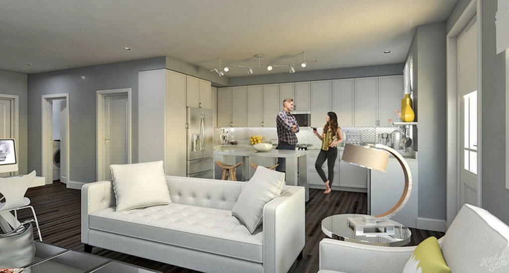 Interior rendering of the kitchen and living space at Edgemont 12 in Phoenix, AZ