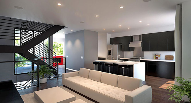 Living room & kitchen rendering at Aerium in Scottsdale