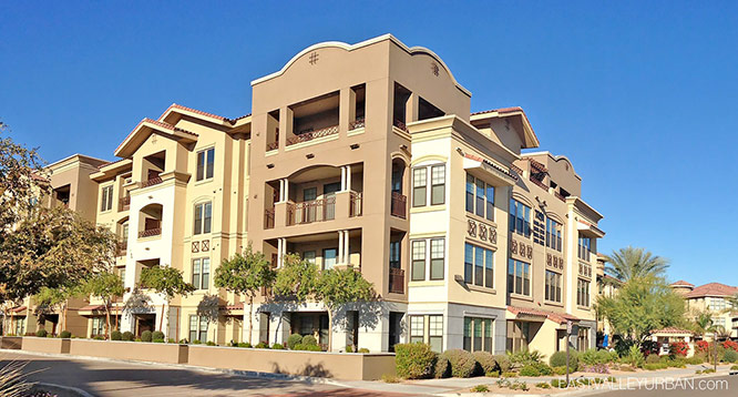 Exterior view of the buildings in the Artesia Condo complex in Scottsdale