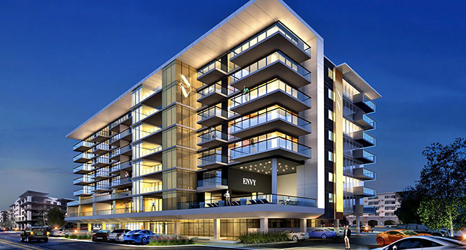 Rendering of Envy Residences Luxury Condos in Old Town Scottsdale at night