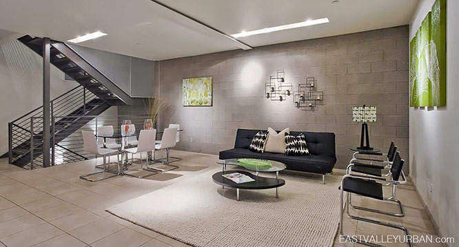 Skye 15 Tempe interior view of the living room and exposed concrete block wall