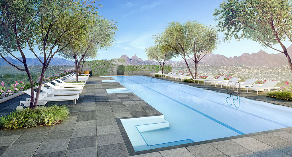 Exterior rendering of rooftop pool at Optima Kierland in Scottsdale, AZ