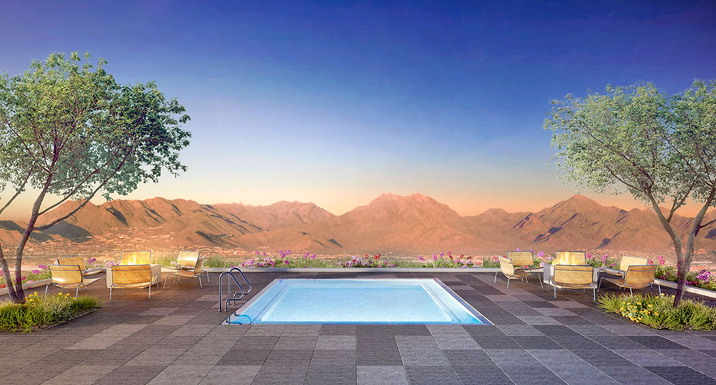 Exterior rendering of rooftop pool at Optima Kierland in Scottsdale, AZ